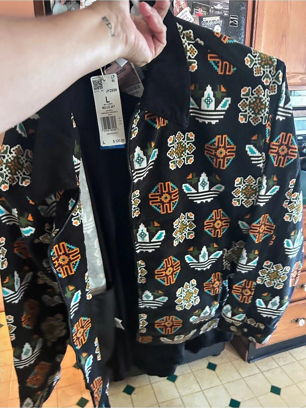 adidas Monogram Allover Print Loose Coach Jacket Black & Orange Large